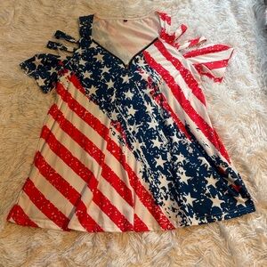 Patriotic Stars & Stripes Cold-Shoulder blouse- Red White Blue